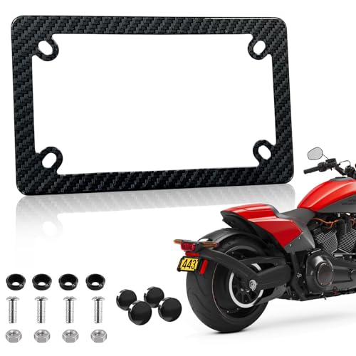 Carbon Fiber Motorcycle License Plate Frame - SXS ATV UTV Scooter Moped Tag Frames, 4 Holes Stainless Steel Rust Proof License Plate Frames for Motorcycle