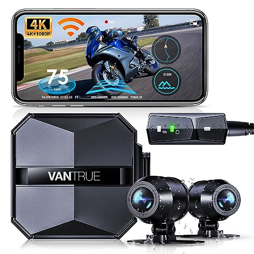 Vantrue F1 Motorcycle 4K Front and Rear Dash Cam, 4K + 1080P Motorcycle Camera, GPS, Full Body Waterproof, Wi-Fi, 160°Wide Angle, Enhanced Night Vision, G-Sensor, Parking Mode, Support 512GB Max