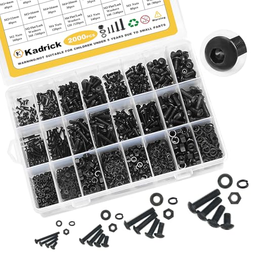 Kadrick Metric Screw Assortment, 2000PCS Metric Bolt Assortment Kit M2 M3 M4 M5 Machine Screws with Lock & Flat Washers, Grade 10.9 Alloy Steel Hex Socket Button Head Black Screws Nuts and Bolts Kit