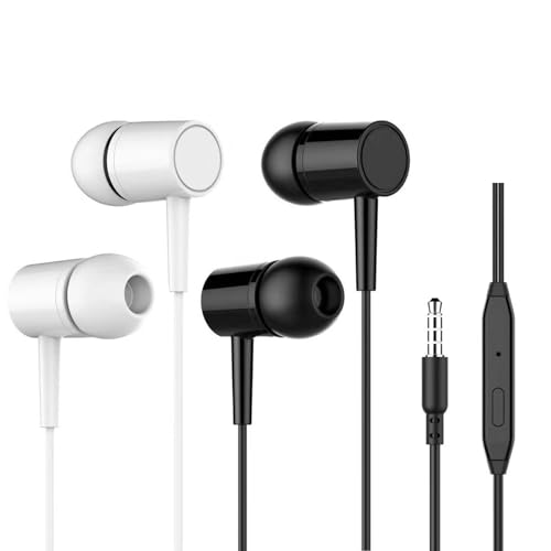 Wired Headphones In-Ear Earbuds with Microphone, Noise-Isolating Stereo Sound, Heavy Bass, Comfortable Ergonomic Design, Compatible with All 3.5mm Devices, for Running, Office & Travel, 2 Pack