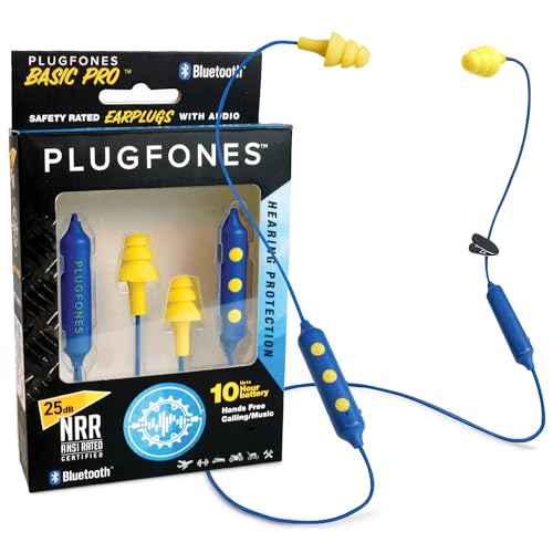 Plugfones Basic Pro Earplug Headphones Wireless Bluetooth in-Ear Earplug Earbuds 25 dB Noise Reduction Rating OSHA Compliant Hearing Protection with Noise Isolating Mic and Controls (Blue & Yellow)