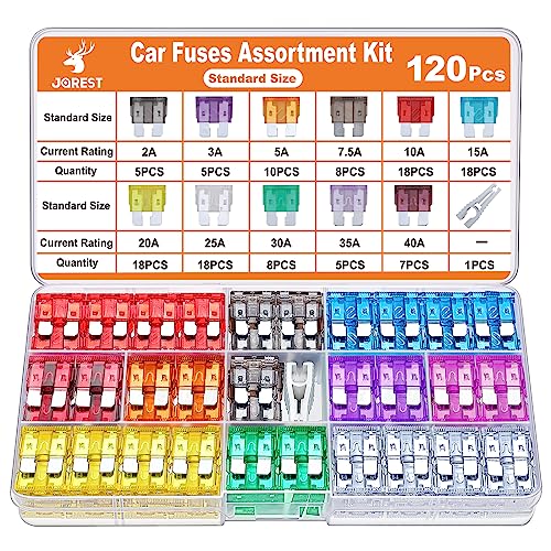 JOREST 120Pcs Standard Car Fuse Kit,Blade Automotive Replacement Fuses Assortment Kit ATO ATC (2Amp 3A 5A 7.5A 10A 15A 20A 25A 30A 35A 40A) for RV Truck Motorcycle Boat Accessories + Auto Fuse Puller