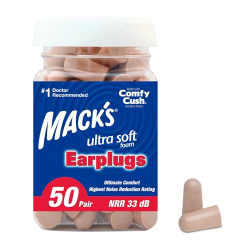 Mack's Ultra Soft Foam Earplugs, 50 Pair - 33dB Highest NRR, Comfortable Ear Plugs for Sleeping, Snoring, Travel, Concerts, Studying, Loud Noise, Work &#124; Made in USA