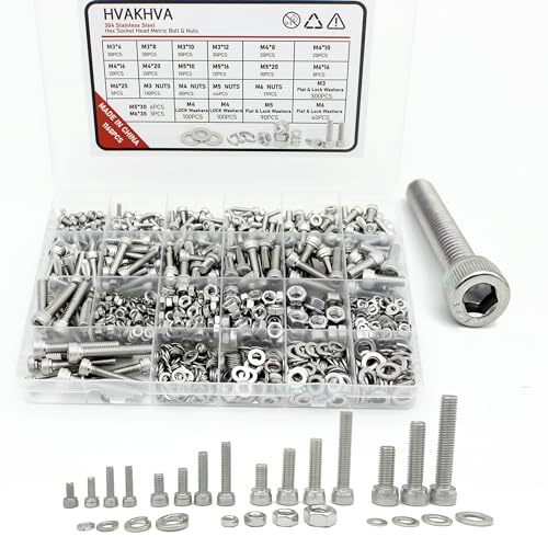 HVAKHVA 1160 pcs M3/M4/M5/M6 Metric Hex Head Socket Cap Bolt & Nut Assortment, 304 Stainless Steel Machine Screws with Flat & Lock Washers,Length 6 to 35 mm