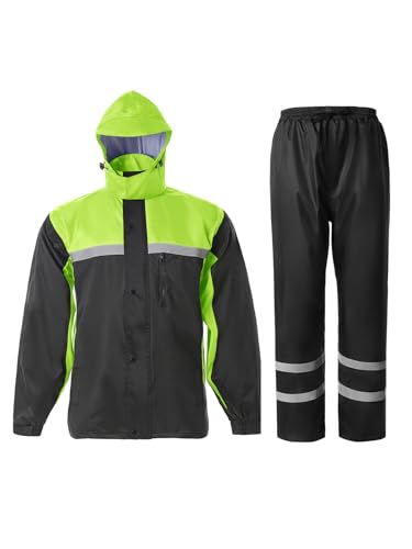 SaphiRose Men's Rain Suit High Visibility Reflective Work Rain Jacket Pants for All Sport Farm Fishing Motorcycle (Black/Green,X-Large)