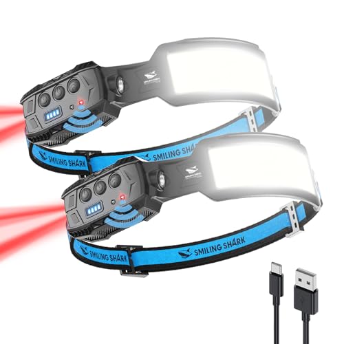 Smiling Shark Headlamp, 2 Pack Head Lamps Led Rechargeable 6 Modes 7*White Lights 270° Lighting Width Motion Sensor Red Tail Light for Camping Fishing Repairation, LED-Headlamp-Rechargeable-Light